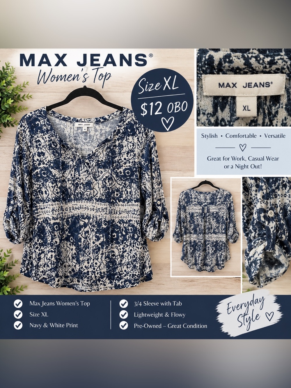 Max Jeans Navy & White Printed 3/4 Sleeve Tunic Top - XL